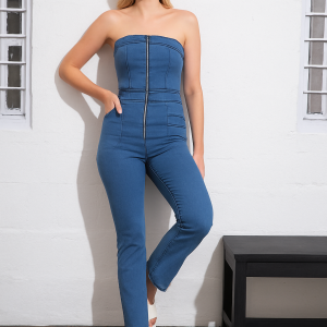 Strapless Blue Zip-Front Denim Jumpsuit