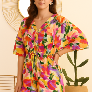 Tropical Bloom Multicolor Printed Drawstring Playsuit