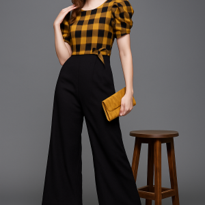 Yellow & Black Checked Puff-Sleeve Belted Jumpsuit